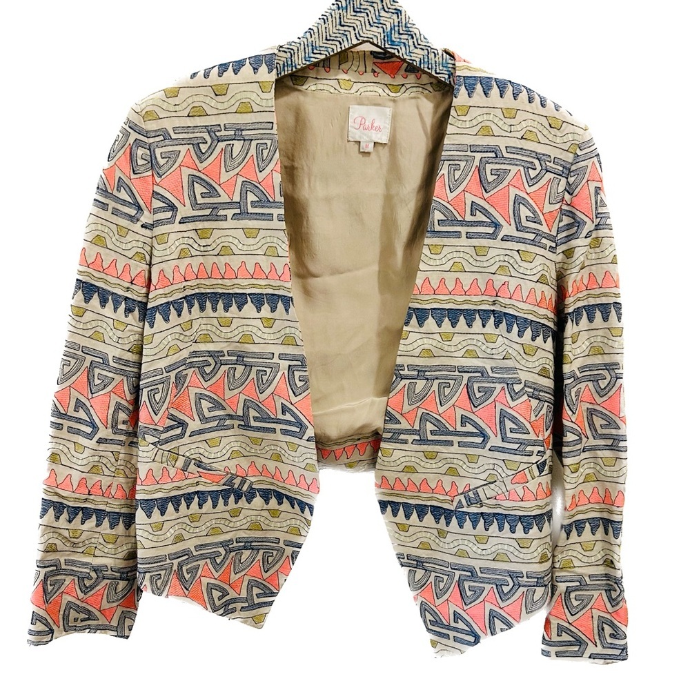 Parker Emmy Blazer Medium silk embroidered linen Aztec jacket